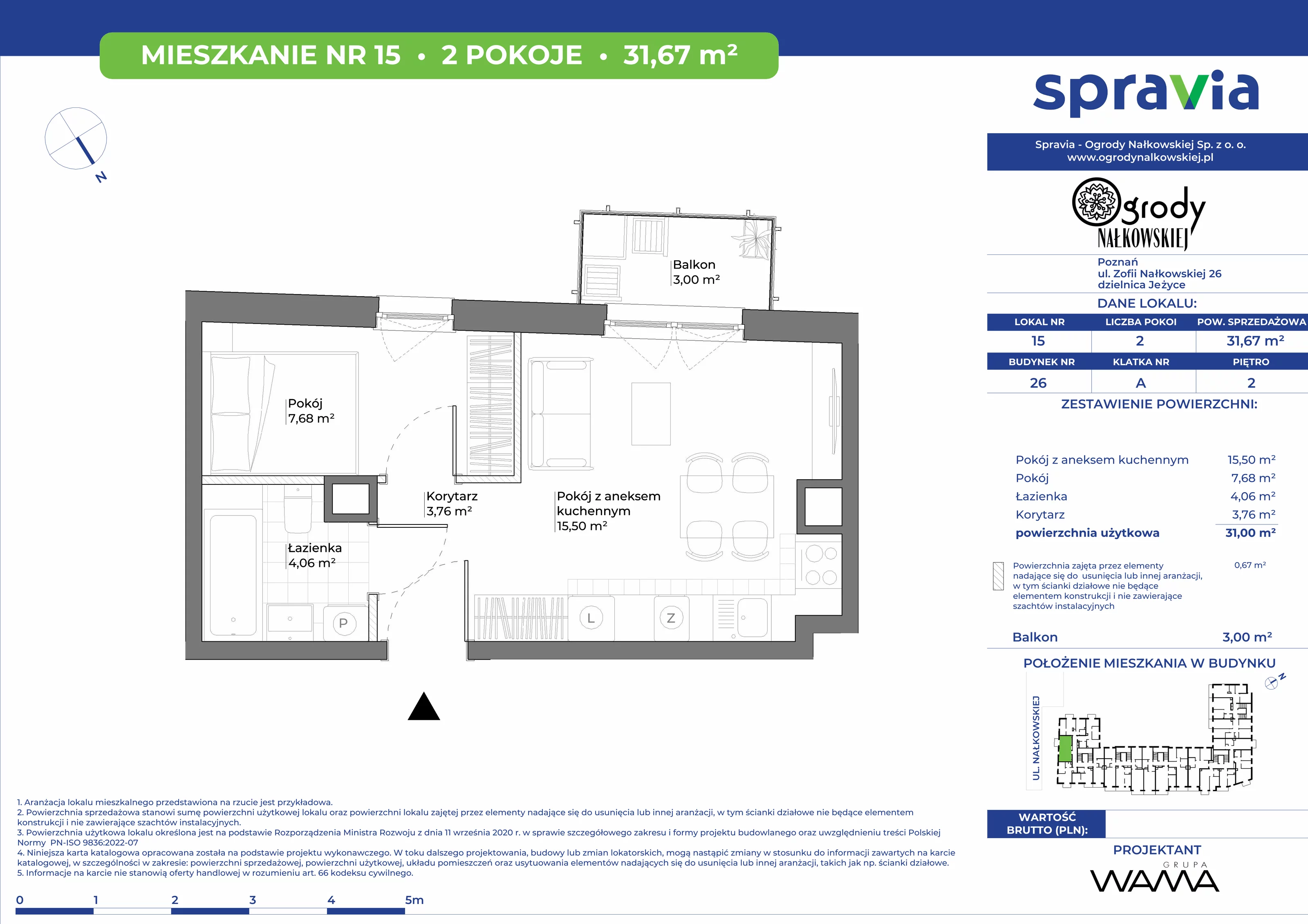 2 pokoje, mieszkanie 31,67 m², piętro 2, oferta nr 26-15, Ogrody Nałkowskiej, Poznań, Ogrody, ul. Nałkowskiej 24, 26